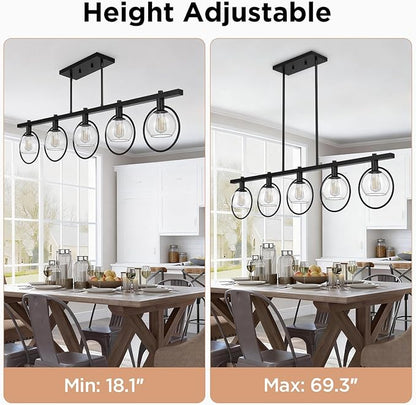 ropelux Dining Room Light Fixture, 5-Light Chandelier for Kitchen Island Over Table with E12 Socket(Bulb not Included), Black Rustic Hanging Pendant Light Fixtures with Clear Gray-Tinted Lampshade