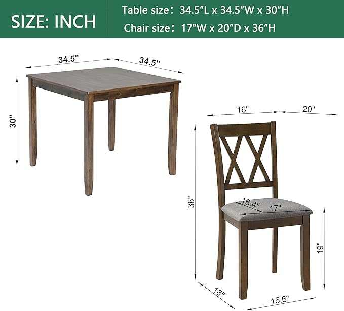 5-Piece Dining Table Set for 4 People, Wooden Kitchen Table and Chairs Set of 4, Farmhouse Rustic Style Dining Room Table Set for Kitchen and Dining, Dark Walnut