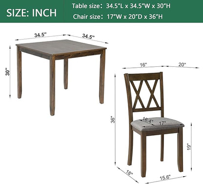 5-Piece Dining Table Set for 4 People, Wooden Kitchen Table and Chairs Set of 4, Farmhouse Rustic Style Dining Room Table Set for Kitchen and Dining, Dark Walnut