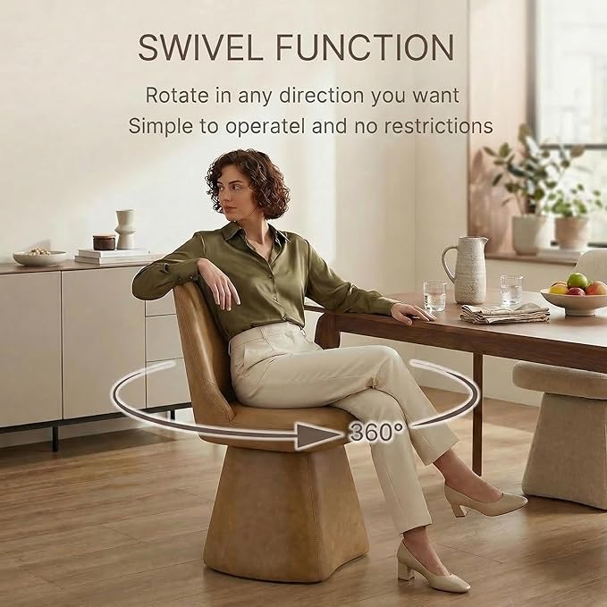 KISLOT Swivel Dining Chairs Set of 2, Upholstered Mid Century Modern Deskchair with High Back, Faux Leather Kitchen Chairs for Dining Room, Bedroom, Dressing Room, Brown