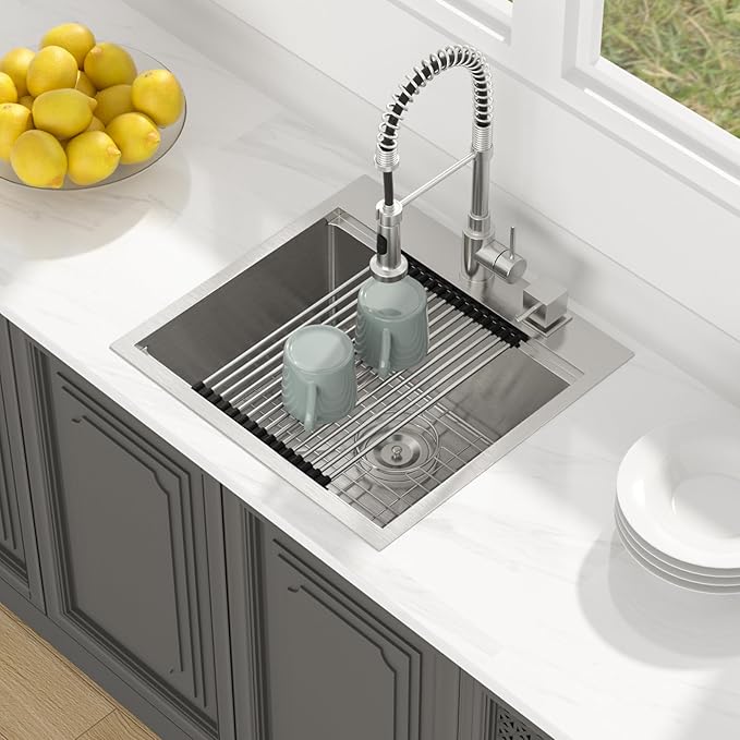 Lordear 21x20x10 Inch Drop in Bar Kitchen T304 16 Gauge Stainless Steel Single Bowl Workstation Topmount Over Counter for Wet Bar Prep Small Kitchen with Cutting Board