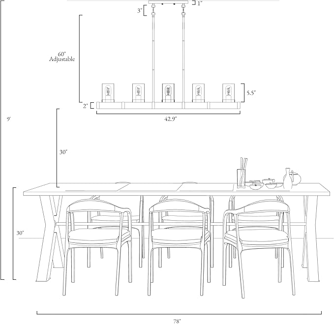 LALUZ 5-Light Kitchen Island Lighting, Farmhouse Wood Linear Dining Room Chandelier Over Table with Seeded Glass Shade, 42.9'' Large Rustic Wooden Chandeliers Light Fixtures for Dining Room