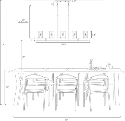 LALUZ 5-Light Kitchen Island Lighting, Farmhouse Wood Linear Dining Room Chandelier Over Table with Seeded Glass Shade, 42.9'' Large Rustic Wooden Chandeliers Light Fixtures for Dining Room