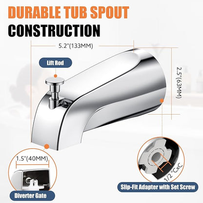 Universal Bathtub Tub Spout with Diverter, Fits 1/2" Slip-Fit Copper Pipe Connection, Pull Down Bathtub Faucet Spout Replacement, Easy Installation (Chrome)