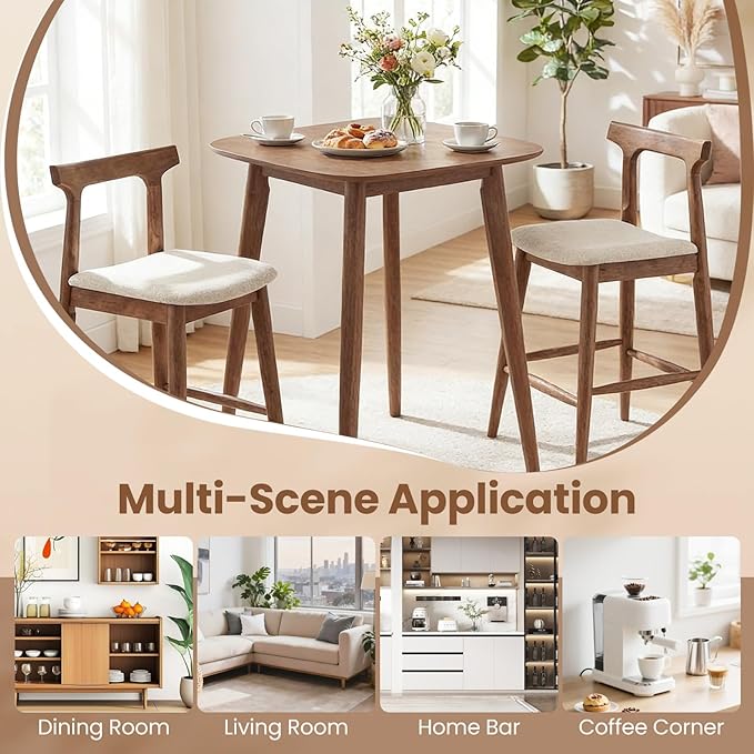 COSTWAY 3-Piece Solid Rubberwood Counter Height Farmhouse Dining Set – 36" Pedestal Table with Rounded Edges & 2 Upholstered 24" Bar Stools with Backrest and Footrest, Walnut Finish