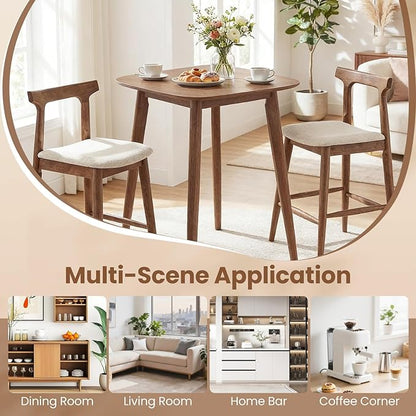 COSTWAY 3-Piece Solid Rubberwood Counter Height Farmhouse Dining Set – 36" Pedestal Table with Rounded Edges & 2 Upholstered 24" Bar Stools with Backrest and Footrest, Walnut Finish