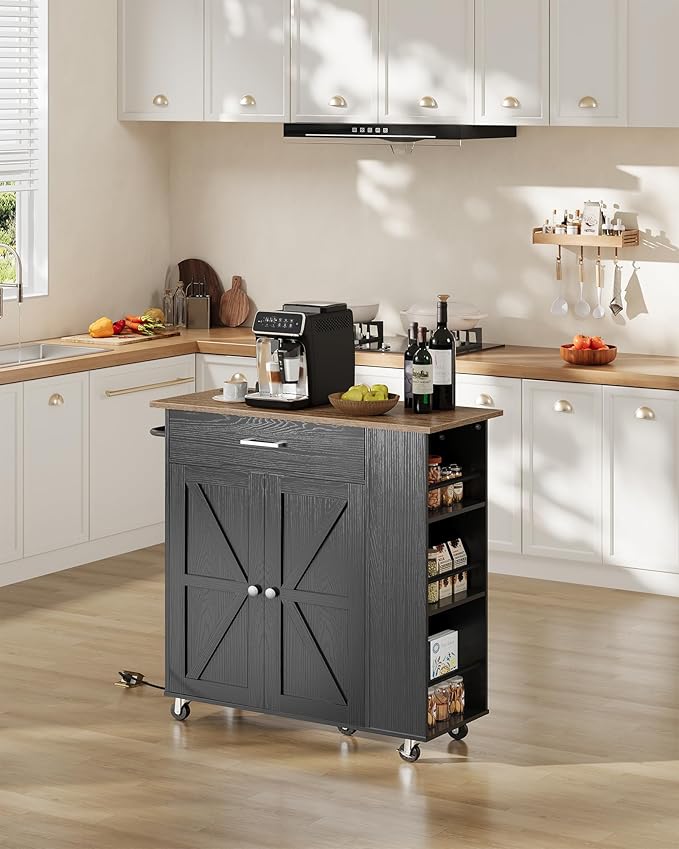CHOEZON Kitchen Island Cart with Storage, Bar Cart with Charging Station, Kitchen Island on Wheels, Rolling Mobile Table with Cabinet, 3 AC Outlets, Black and Walnut MZD04UBL