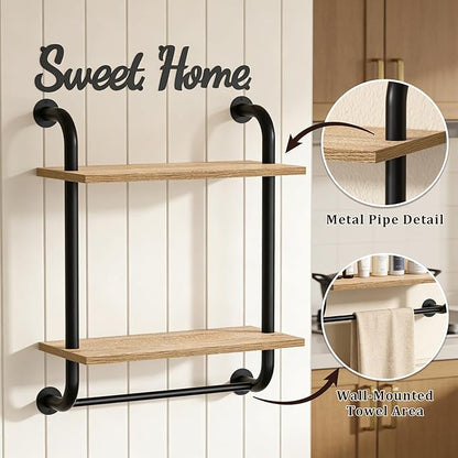 Tinpin Bathroom Shelves Wall Mounted, Rustic Farmhouse Pipe Shelves, 2-Tier, Industrial Shelving Over Toilet, Floating Shelf Decor for Bathroom, Kitchen, Bedroom, Living Room 17.3 inch