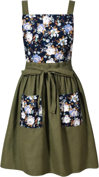 Pinknoke Vintage Pinafore Apron Dress for Women with Pockets Cute Floral Chef Aprons for Kitchen Cooking Baking Gardening