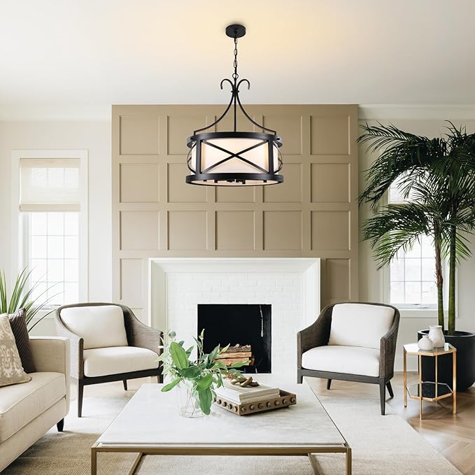 Drum Chandelier Round Farmhouse Chandeliers 6-Light Modern Chandelier Light Fixture Entryway 19.7" Industria Light Fixture Hanging for Dining Room Living Room Kitchen