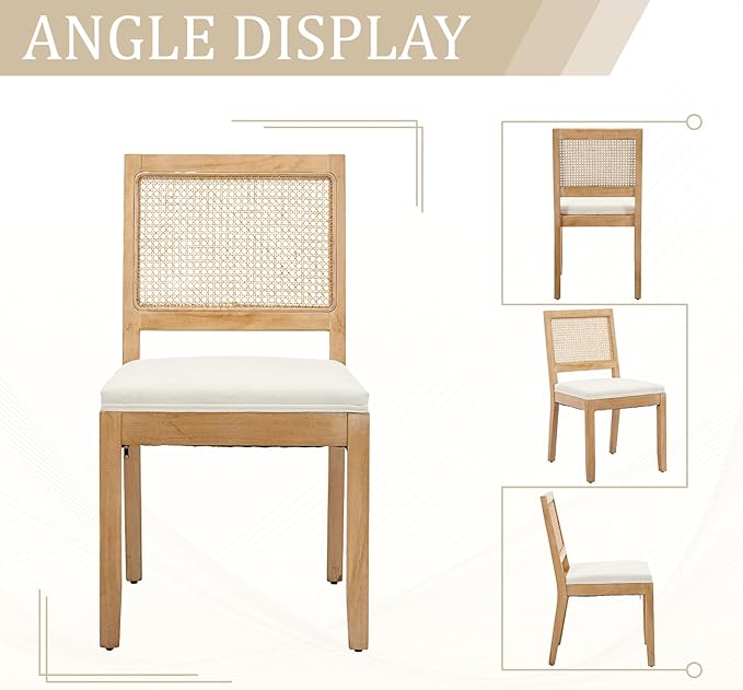 Modern Wooden Dining Chair Set of 2, Farmhouse Kitchen & Dining Room Chair with Solid Wood Legs, Rattan Upholstered Kitchen Chairs for Restaurant/Living Room (Beige, Set of 2)