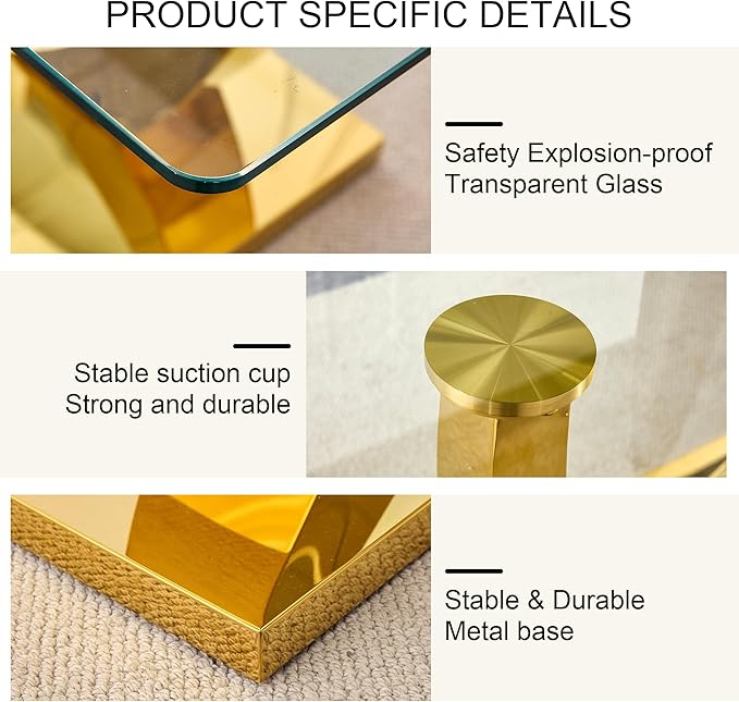 63" Gold Dining Room Table, Glass Dining Table for 4-6 with Rectangular Tempered Glass Tabletop, Modern Kitchen Table with Glossy U Shape Stainless Steel Base for Kitchen Dining Room