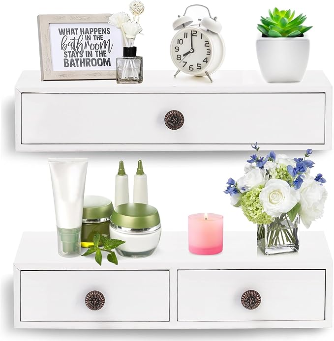 Yesland 2 Packs Space-Saving Floating Nightstand with Drawer - Perfect for Small Spaces - Supports 11 lbs - Compact Wall Mount Rustic Wood Floating Drawers - White