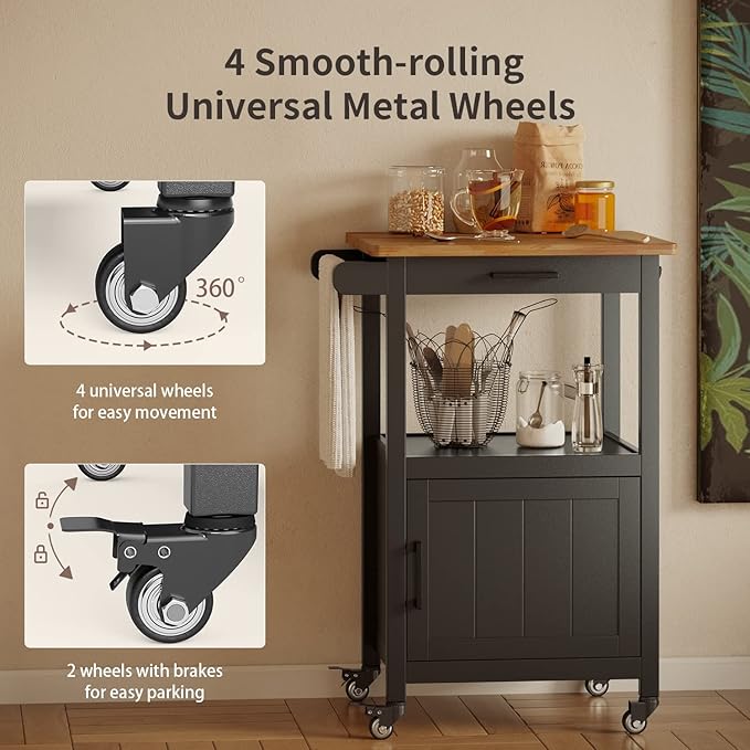 Qsun Kitchen Island on Wheels with Drawer, Storage Cabinet, Shelf and Side Hook, Rolling Kitchen Cart with Rubber Wood Countertop, Microwave Cart for Small Space, Black