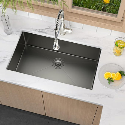 30 Inch Undermount Kitchen Sink Black 18 Gauge Stainless Steel Under Counter Sink Single Bowl Deep Handmade Single Bowl Kitchen Sink,30"x18"x9"
