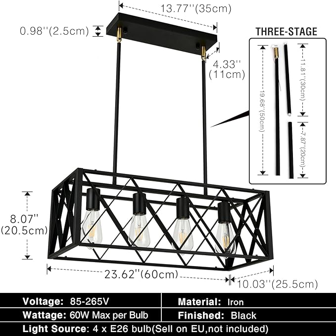 Black Farmhouse Chandeliers for Dining Room Light Fixture Rectangle Kitchen Island Pendant Lighting 4-Light Metal Industrial Linear Chandelier for Kitchen Island
