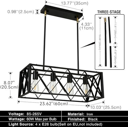 Black Farmhouse Chandeliers for Dining Room Light Fixture Rectangle Kitchen Island Pendant Lighting 4-Light Metal Industrial Linear Chandelier for Kitchen Island