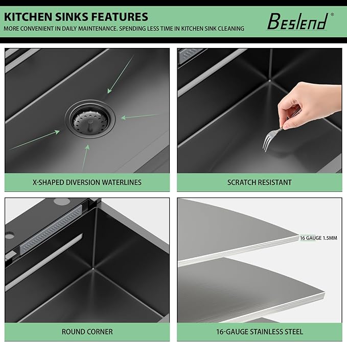 30 Inch Waterfall Kitchen Sink - Beslend 30x19 Drop In Waterfall Sink Nano Black Workstation Smart Sinks 16 Gauge Stainless Steel Single Bowl Black Basin with Faucet Combo
