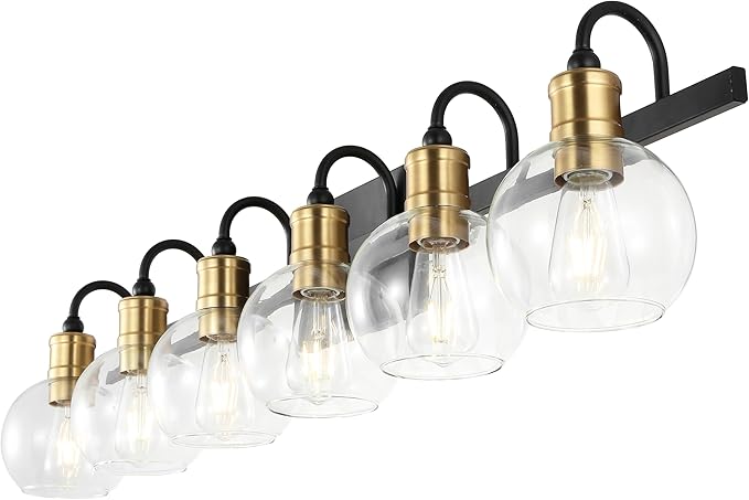 JONATHAN Y 44.25" Black/Brass Gold Vintage Wall Sconce, LED Vanity Light for Bathroom Bedroom Entryway, Clear Glass Globe Shade, Modern Industrial Arched Lamp, LED Bulb Included (JYL3557A)