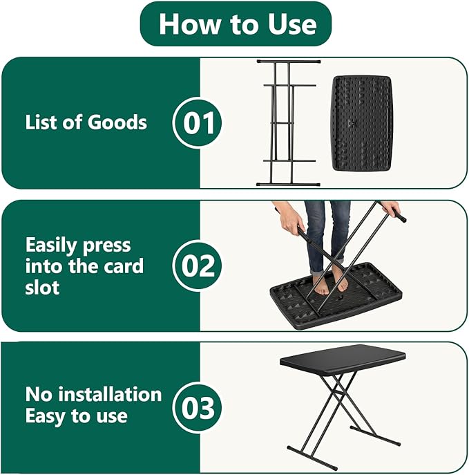 30 Inch Folding Table, Adjustable Height TV Tray for Small Spaces, Heavy Duty Foldable Utility Table for Laptop, Dining, Camping, No Assembly, 200 lbs Capacity, Black Granite