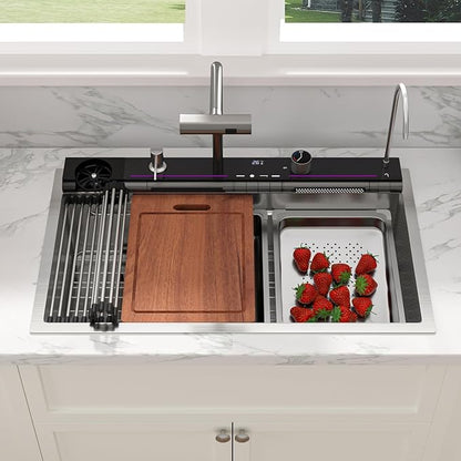 Sarlai 30 Inch Waterfall Kitchen Sink - 30x19 Inch Drop In Workstation Sink With Waterfall Stainless Steel 16 Gauge Multifunction Single Bowl Top Mount Kitchen Sinks with HoneyComb Finish