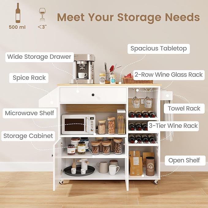 Giantex Rolling Kitchen Island Cart with Drop Leaf, Power Outlet, Spice Rack, 12 Wine Rack, Glass Holder, Drawer, Storage Cabinet, Towel Rack, Island Table for Breakfast Coffee Bar (White & Natural)