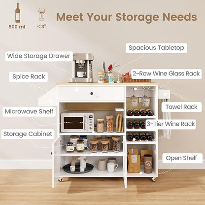 Giantex Rolling Kitchen Island Cart with Drop Leaf, Power Outlet, Spice Rack, 12 Wine Rack, Glass Holder, Drawer, Storage Cabinet, Towel Rack, Island Table for Breakfast Coffee Bar (White & Natural)