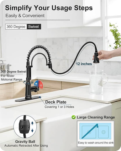 3 Modes Bronze Kitchen Faucet with Pull Down Sprayer, Single Hole Kitchen Sink Faucet 3 Hole, Stainless Steel High Arc Spring Style, 360 Degree Swivel with One Handle & Deck Plate for Farmhouse