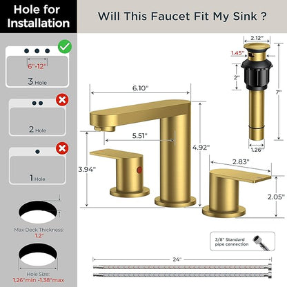 FORIOUS Brushed Gold Bathroom Faucets 3 Hole, 8 Inch Widespread Bathroom Sink Faucet with Pop-up Drain and cUPC Supply Lines for Basin, Vanity, Laundry Room, Restroom and RV