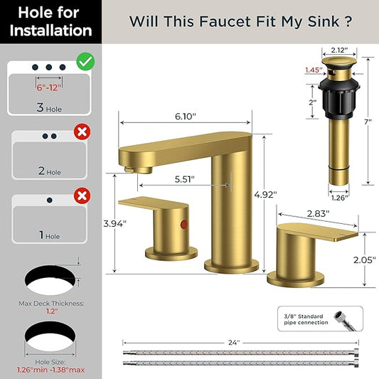 FORIOUS Brushed Gold Bathroom Faucets 3 Hole, 8 Inch Widespread Bathroom Sink Faucet with Pop-up Drain and cUPC Supply Lines for Basin, Vanity, Laundry Room, Restroom and RV