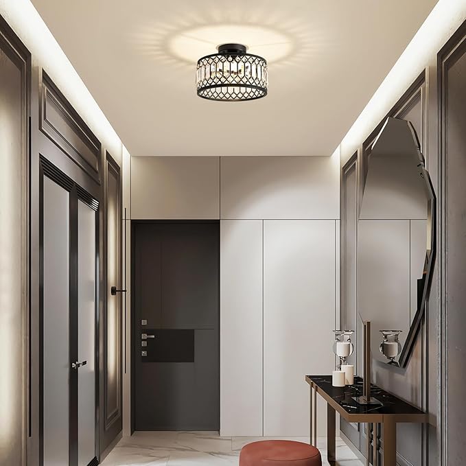 Pevfah Crystal Black Ceiling Light, Modern Semi Flush Mount Ceiling Lighting Fixture, Round Hallway Lighting Fixtures for Kitchen Entryway Bedroom Laundry Room, 1-Light, 11.4 Inch