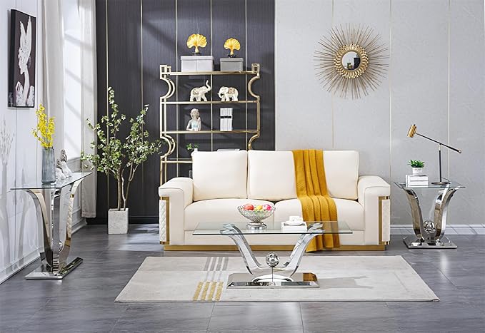 Luxury Glass Coffee Table Set of 3 Piece Silver Living Room Table Set of 3 Including Coffee End Sofa Tables Set,Gorgeous Stainless Steel Frame, Clear Glass Top for Living Room Home Office Apartment