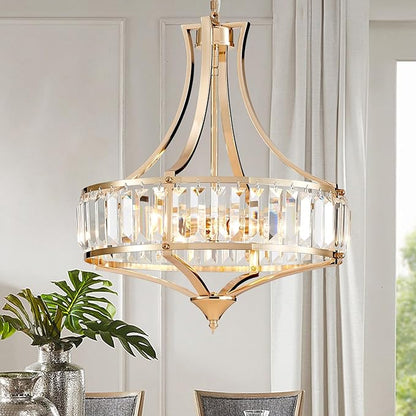 Crystal Chandeliers for Dining Room Modern Farmhouse 4-Light Rustic Mid Century Chandelier with Round Metal Lampshade, Perfect for Hallway Bedroom Foyer, Brush French Glod