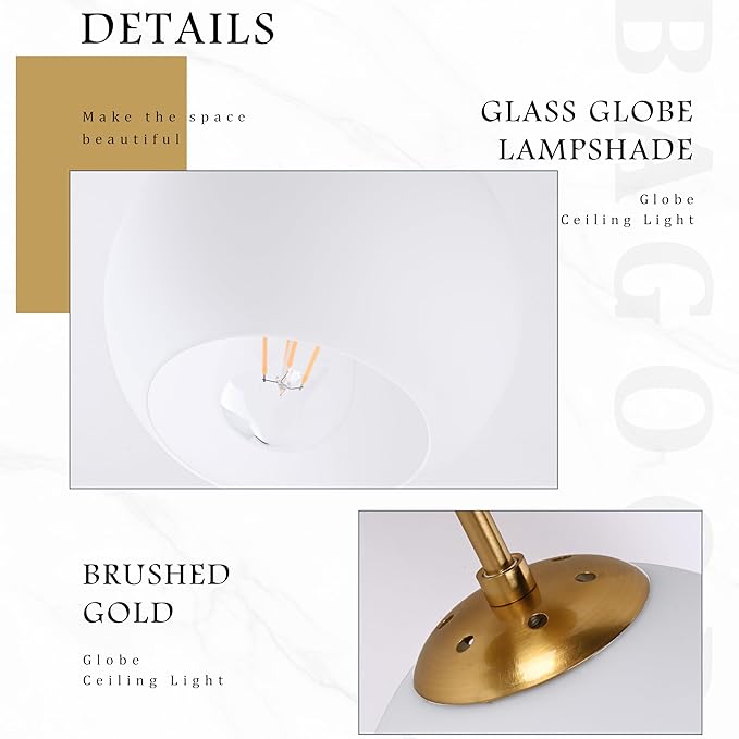 Bagood Gold Semi Flush Mount Ceiling Light Fixture Milk Glass Light Fixture Mid Century Flush Mount Ceiling Lights Brass Flush Mount Ceiling Schoolhouse Lights for Dining Room(Bulb Incl.)