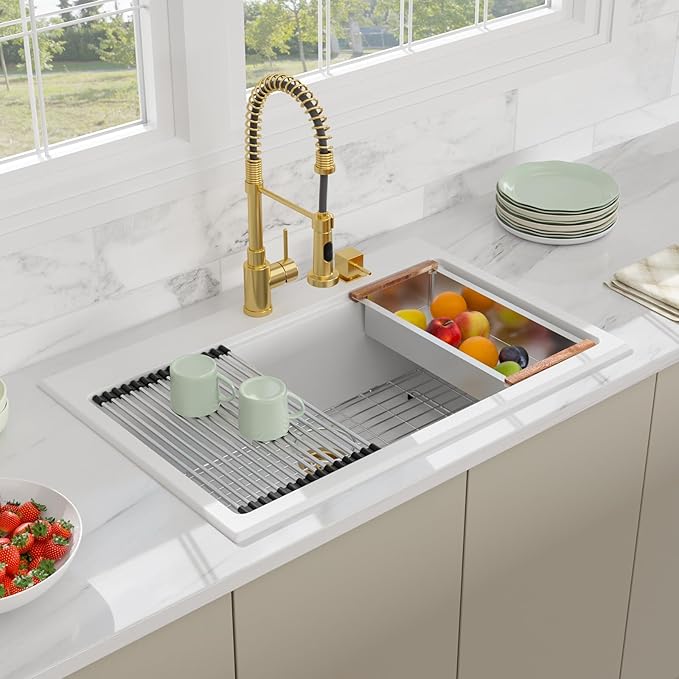 33x22 Inch White Composite Drop In Kitchen Sink Granite Composite Kitchen Sink Workstation Topmount Luxury Above Counter Single Bowl Sink Basin