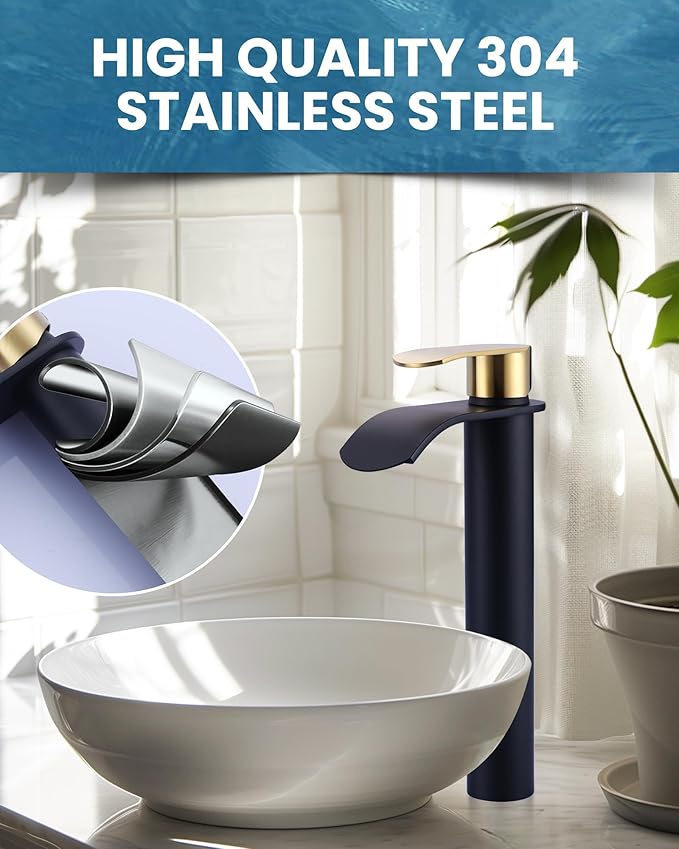 Vessel Sink Faucet Black and Gold：WOWOW Single Handle Tall Bathroom Faucet - Waterfall Single Hole Mixer Bar Tap with Large Rectangular Spout, Deck Mount Lavatory Vanity with Pop Up Drain