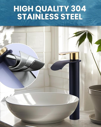 Vessel Sink Faucet Black and Gold：WOWOW Single Handle Tall Bathroom Faucet - Waterfall Single Hole Mixer Bar Tap with Large Rectangular Spout, Deck Mount Lavatory Vanity with Pop Up Drain