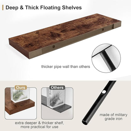 Heimlove 12" Deep Rustic Brown Floating Shelves,Over Toilet Long Wall Mounted Modern Farmhouse 36 inches,Wall Shelves with Invisible Brackets for Bedroom, Bathroom, Living Room, Kitchen, Set of 1