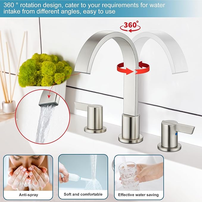 Midanya 8 inch Widespread Bathroom Sink Faucet,Modern Waterfall 3 Hole 2 Handles Bathroom Faucet 8" Vanity Faucets with Pop Up Drain and Water Supply Lines,Brushed Nickel