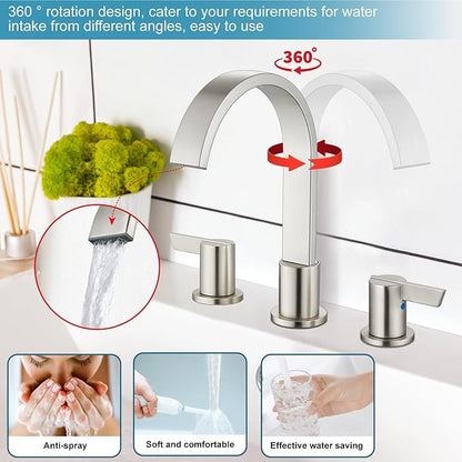 Midanya 8 inch Widespread Bathroom Sink Faucet,Modern Waterfall 3 Hole 2 Handles Bathroom Faucet 8" Vanity Faucets with Pop Up Drain and Water Supply Lines,Brushed Nickel
