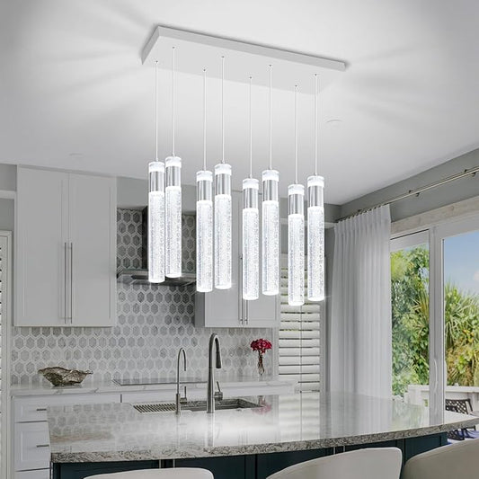 8-Lights Silver Hanging Pendant Light for Kitchen Island Modern Dimmable LED Crystal Chandeliers for Dining Room Bedroom Living Room Over Table Adjustable Height