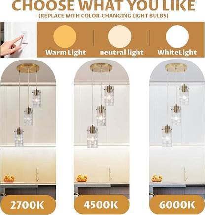Modern Glass Pendant Light, Copper Finish 3-Light Chandelier for Kitchen Island/Dining, Height Adjustable, E26 Sockets, Bulbs Not Included