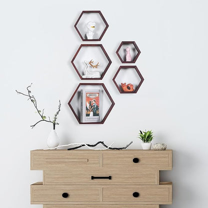 PHOENANCEE Hexagon Floating Shelves,Wall Mounted Wood Farmhouse Storage Honeycomb Wall Shelf Set of 5,for Bathroom, Kitchen, Bedroom, Living Room,Office,Driftwood Finish (Walnut)