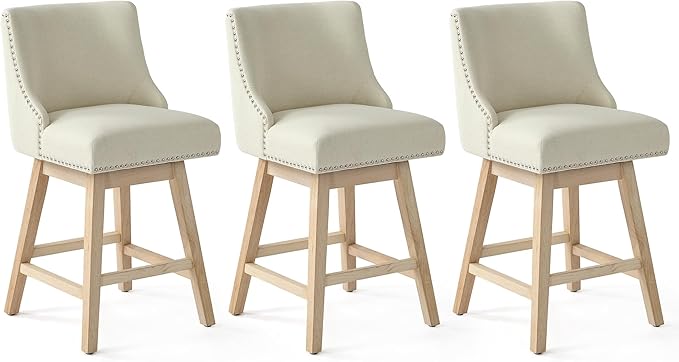 Counter Height Swivel Bar Stools Set of 3, Modern Linen Fabric Swivel Barstools with Back and Wood Legs, Upholstered 26" Seat Height Counter Stools for Kitchen Island, Home Bar, Beige