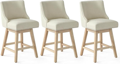 Counter Height Swivel Bar Stools Set of 3, Modern Linen Fabric Swivel Barstools with Back and Wood Legs, Upholstered 26" Seat Height Counter Stools for Kitchen Island, Home Bar, Beige