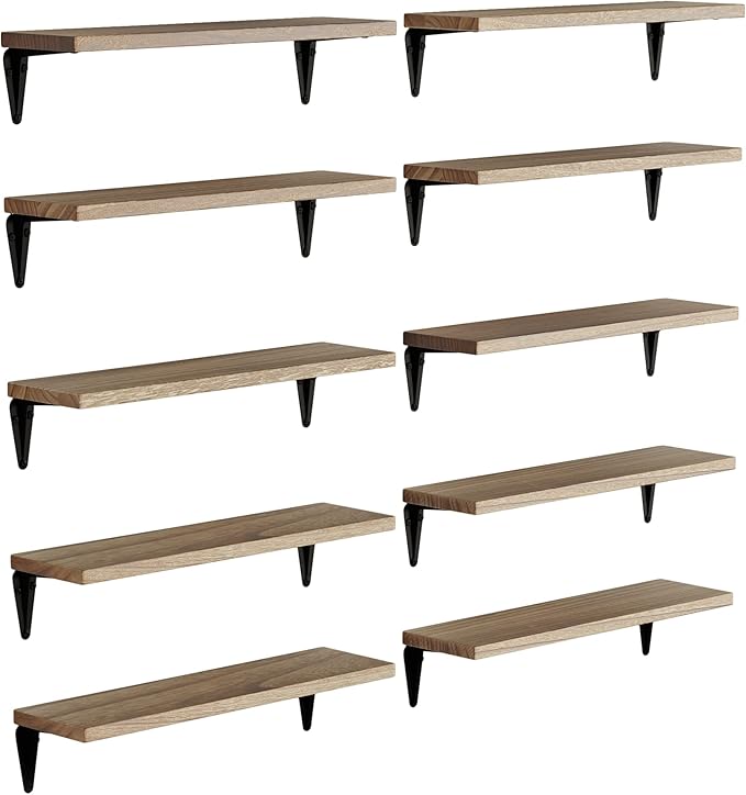 Wallniture Arras Wood Floating Shelves for Wall Storage, Small Bookshelf, Hanging Book Shelves for Living Room, Bedroom, Office, Burnt Finish, Set of 10 (Burnt)