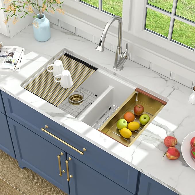 Lordear 33 Inch Granite Composite Kitchen Sink Double Bowl 33"X19" White Undermount 50/50 Workstation Quartz Sink With Ledge Classic Under Counter Basin