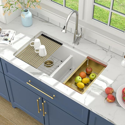 Lordear 33 Inch Granite Composite Kitchen Sink Double Bowl 33"X19" White Undermount 50/50 Workstation Quartz Sink With Ledge Classic Under Counter Basin