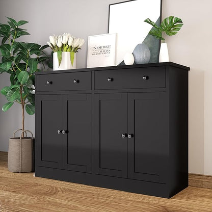 holzart 49" Black Buffet Cabinet with Doors & Drawers, Modern Kitchen Storage Sideboard, Coffee Bar Console Table for Dining Room, Living Room, Entryway