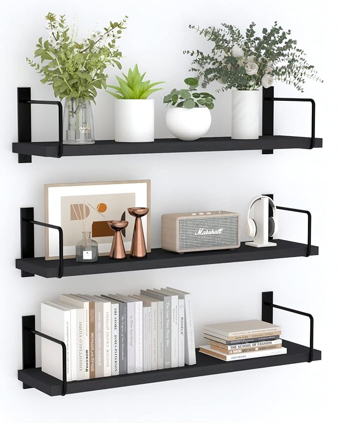 Floating Shelves - 24 Inch Wall Mounted Set of 3, Rustic Wood Storage Shelves for Living Room (Black)